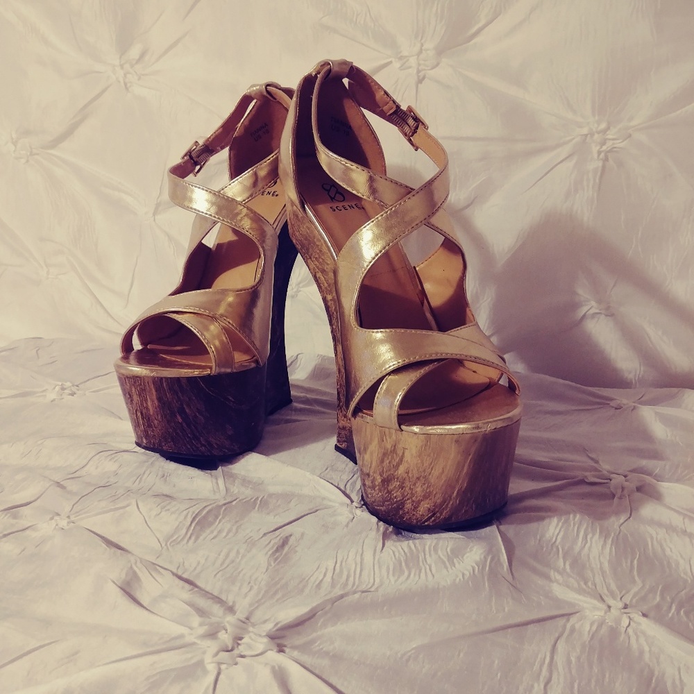 Gold and wood heel platform sandals